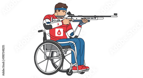 Wheelchair athlete aims rifle in shooting competition isolated on white background