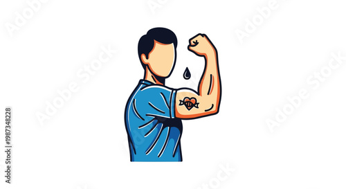 Man flexing arm with DNA tattoo and blood drop isolated on white background