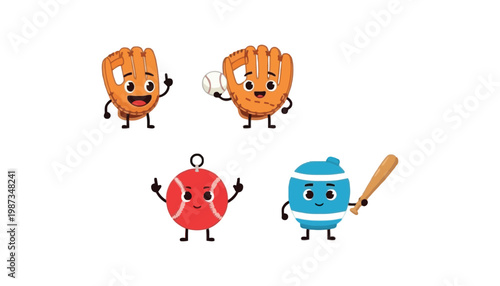 A cartoon baseball mitt and ball illustration with happy faces