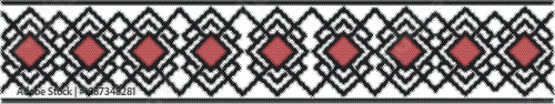 Red folk embroidery border with ethnic cross stitch pattern for traditional garment textile ornament