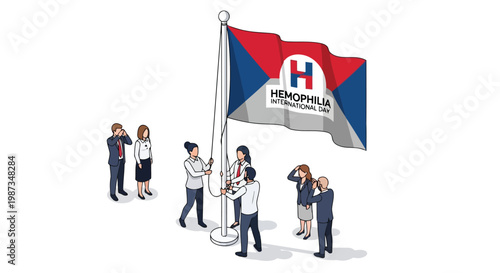 Diverse group raises flag for Hemophilia International Day isolated on white background