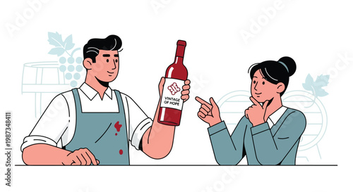 Winemaker presenting bottle of wine to thoughtful woman illustration isolated on white background