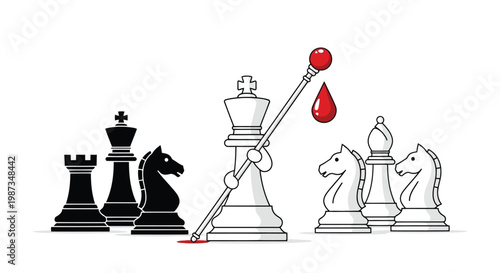 Chess game with bloody king and queen pieces illustration isolated on white background