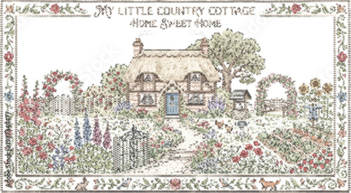 Rural cottage landscape in embroidery frame for traditional rustic house cross stitch design ornament