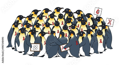 Penguin colony displays red ribbons for hemophilia awareness isolated on white background
