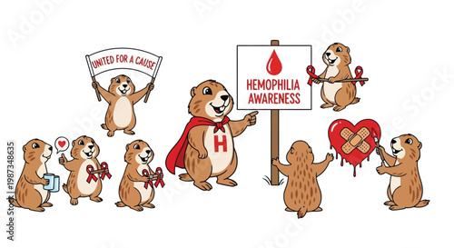 Groundhog characters united for hemophilia awareness with red ribbons isolated on white background