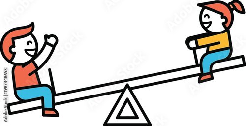 Happy children playing on a seesaw, balance and friendship concept