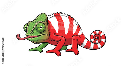 Chameleon with green head and red and white striped body on white background isolated on white background
