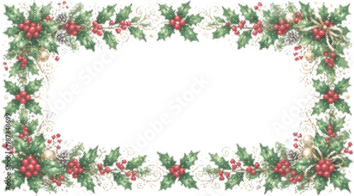 Holly berry embroidery frame with green leaves for winter Christmas cross stitch holiday ornament