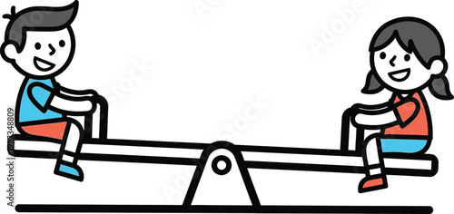 Children playing on a seesaw, outdoor fun, childhood joy, simple illustration