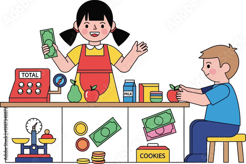 Kids playing shop, cashier and customer, learning about money and commerce