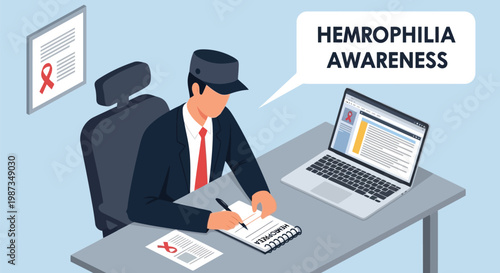 Man working at desk discussing hemophilia awareness with laptop isolated on white background