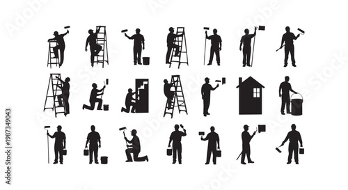 Painters silhouettes set of people working painting walls with ladders and buckets house renovation worker illustration.