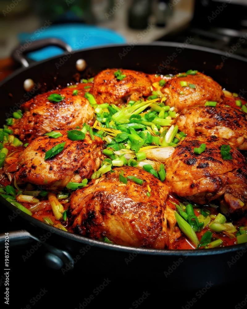 Fototapeta premium Pan Fried Chicken With Green Onions In Black Pan