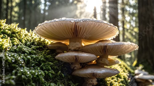 Ethereal Wild Mushrooms Growing on Mossy Log in Sunlit Ancient Forest
