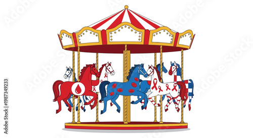 Carousel with horses decorated for hemophilia awareness event isolated on white background