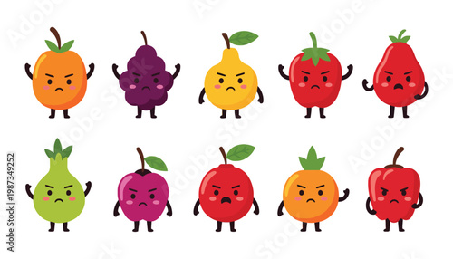 A set of angry fruit icons with different emotions and colors