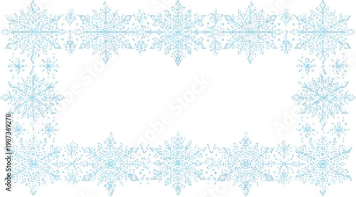 Light blue snowflake embroidery border with winter cross stitch frame for holiday card ornament
