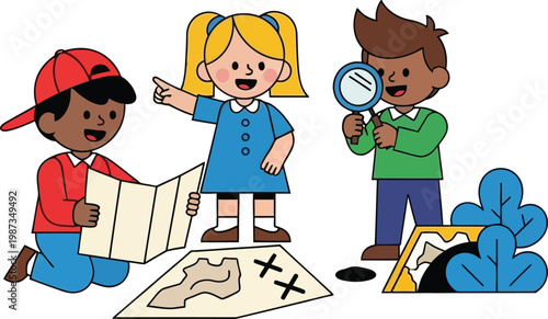 Children on treasure hunt with map and magnifying glass, pointing and searching