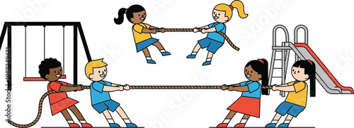 Diverse children playing tug-of-war on a playground with swings and slide