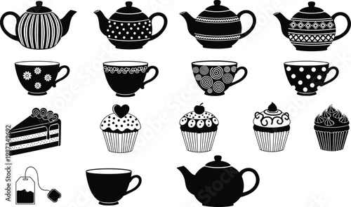 Flat vector illustration, teapot teacup cupcake cake silhouettes, decorative kitchenware dessert artwork, black white design, tea time concept