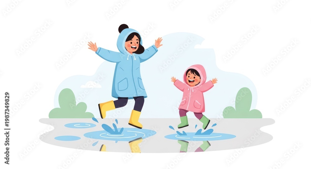 Obraz premium Children playing in puddles splashing water happy day vector illustration