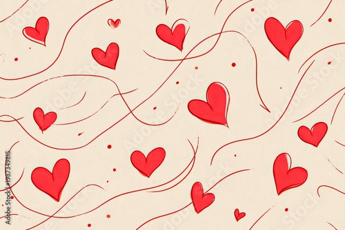 Whimsical red hearts with flowing lines on a textured cream background