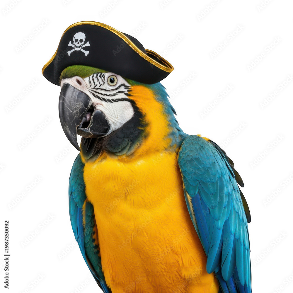 Obraz premium A colorful macaw parrot with a pirate hat on its head isolated on transparent background