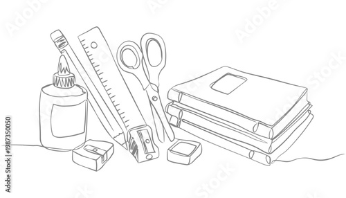A pencil school supplies illustration with books and stationery items
