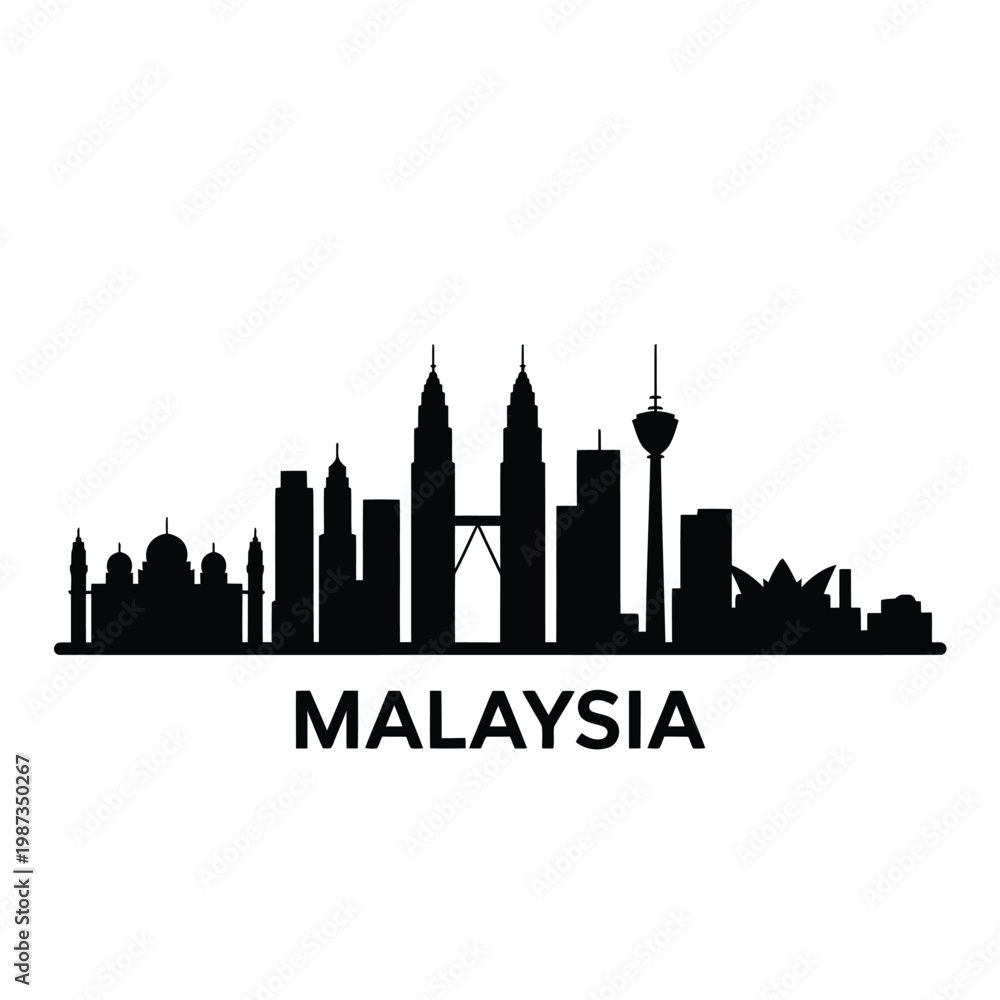 Obraz premium A striking black silhouette of the kuala lumpur skyline with malaysia text