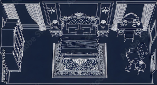 Luxury Bedroom Top View Blueprint Vector – Grand Single Layout Furniture AutoCAD Plan White Outline on Dark Blue Background
