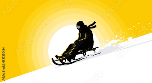 Silhouette Of A Person Sledding Down A Snowy Hill Under A Bright Yellow Sun