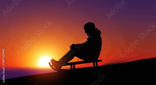 Silhouette Of A Person Sitting On A Sled During Sunset
