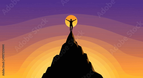 Silhouette Of A Person Standing On A Mountain Peak At Sunset