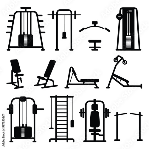 Black and white illustration of various gym exercise machines and equipment