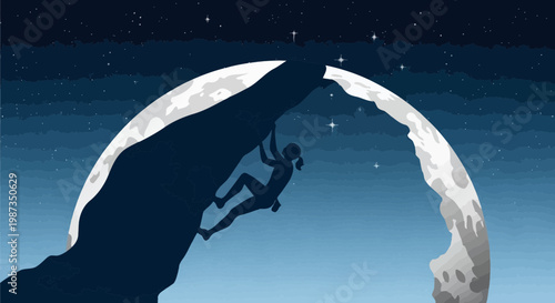 Silhouette Of Person Climbing Moonlit Mountain Against Starry Sky