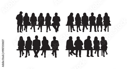 People sitting on benches back view silhouette groups of men and women waiting in line vector illustration black shapes.