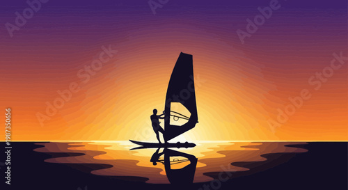 Silhouette Of Windsurfer On Water During Vibrant Sunset Reflection