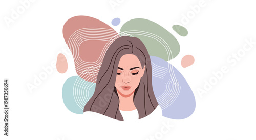 A woman with long brown hair and colorful background.