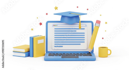 E-learning isometric concept 3D illustration virtual university degree with laptop graduates books pencil certificate and stars