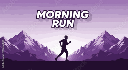 Silhouette Runner Ascending Majestic Mountains At Sunrise Vibrant Purple Sky