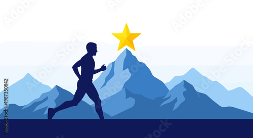 Silhouette Runner Ascending Mountain Peak Towards Golden Star Symbolizing Achievement and Victory