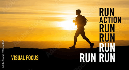 Silhouette Runner Ascending Mountain Ridge At Golden Sunset