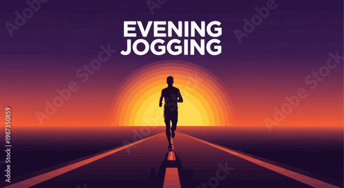 Silhouette Runner Ascending Toward Evening Sunset Horizon