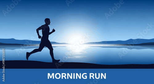 Silhouette Runner Ascends On An Inspiring Morning Horizon Over The Calm Water