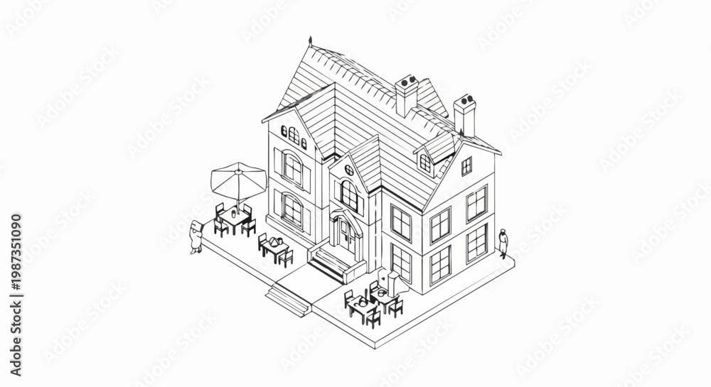 Obraz premium Isometric Line Art Illustration of a Large Mansion with Outdoor Cafe Patio - Architectural Outline Drawing for Coloring and Design