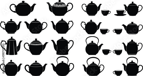 Flat vector illustration, teapot teacup silhouettes, diverse spout handle lid designs, black white kitchenware artwork, decorative traditional modern concept