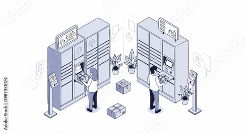 Isometric Illustration of People Using Smart Parcel Lockers for Automated Package Pickup and Delivery. Modern Logistics and E-commerce Self-Service Terminal Concept.