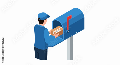 Isometric 3D Illustration of a Courier Man Delivering a Cardboard Parcel Package into a Blue Mailbox