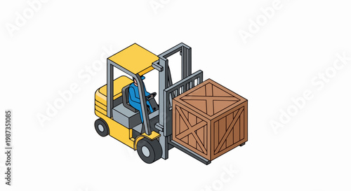 Isometric Forklift Operator Lifting Wooden Crate, Industrial Logistics and Warehouse Shipping Illustration Isolated on White